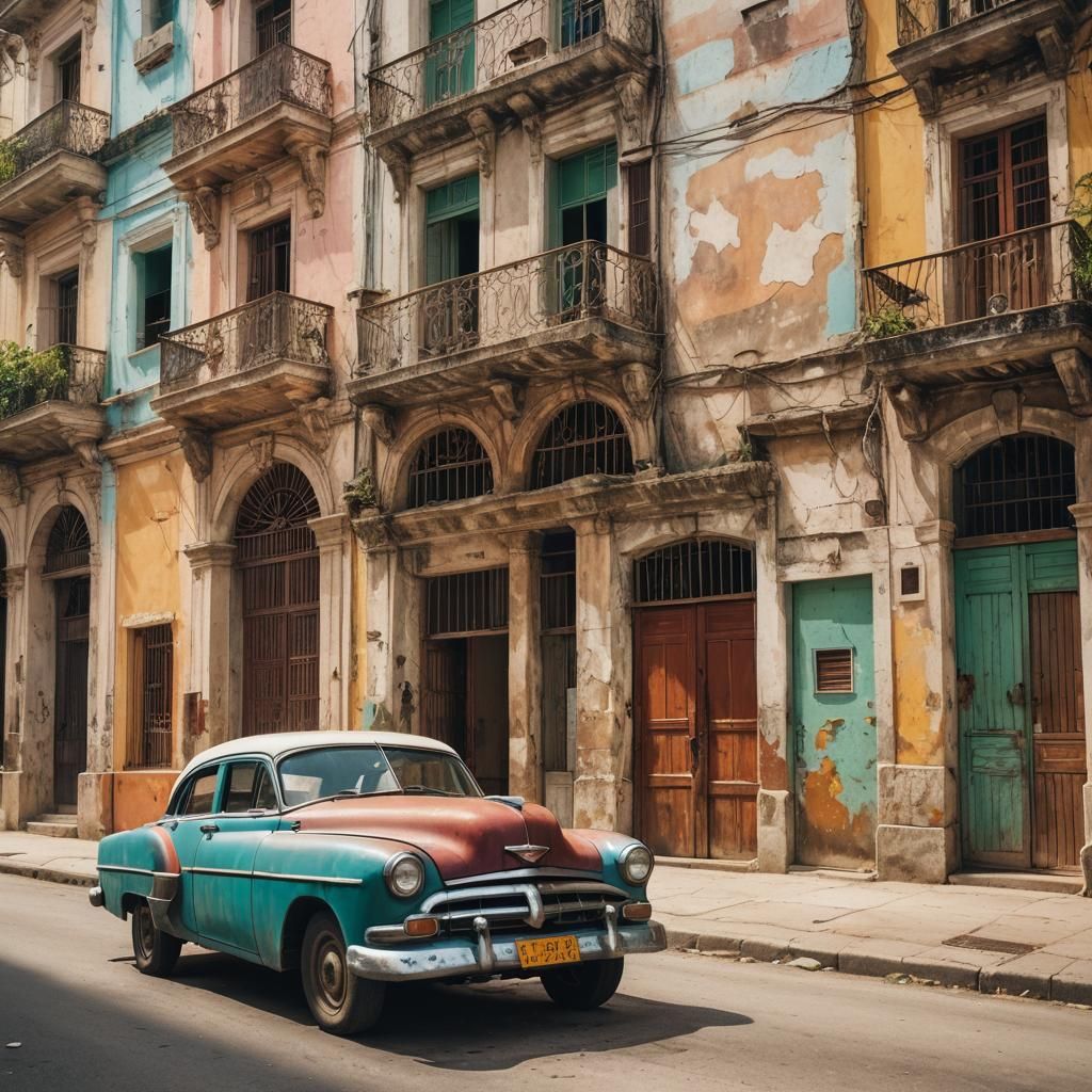 Vintage Car on Colorful Havana Street