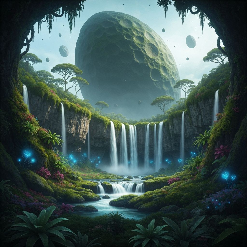 Lush Oasis Hidden Within Asteroid, Photorealistic Style