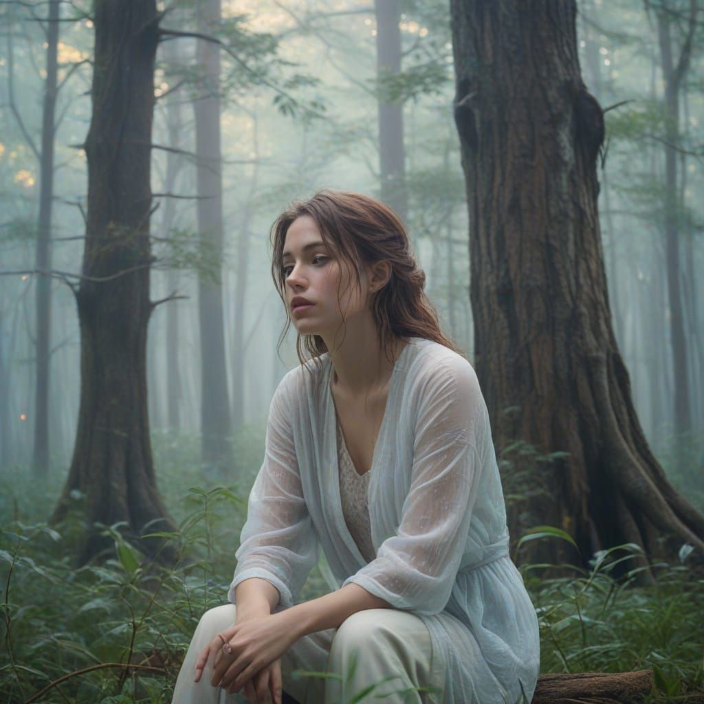 Woman in Misty Forest: Surreal Oil Painting