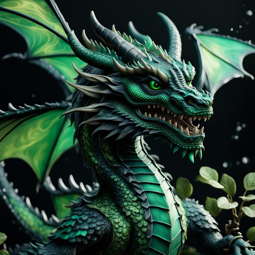 Green and Black Porcelain Dragon Doll Art