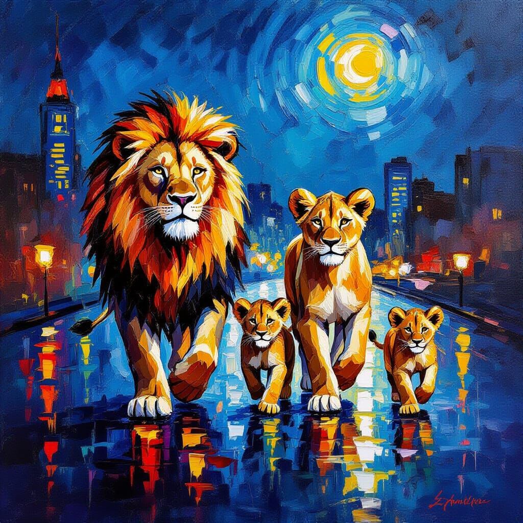 Lion Family Approaches Abstract Cityscape in Impasto Oil Sty...