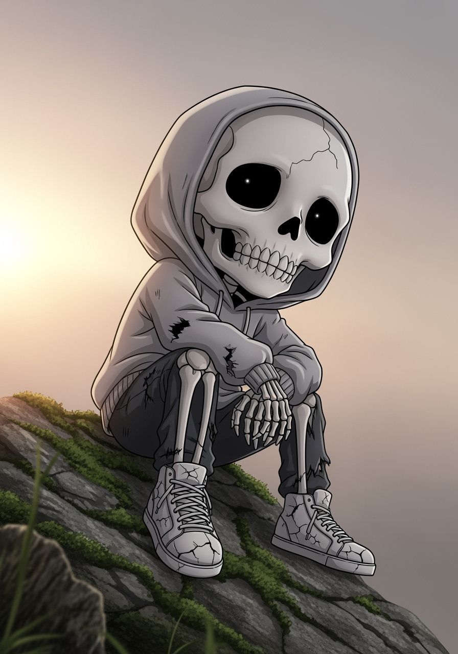 Pensive Chibi Skeleton in Sunrise, Anime Style