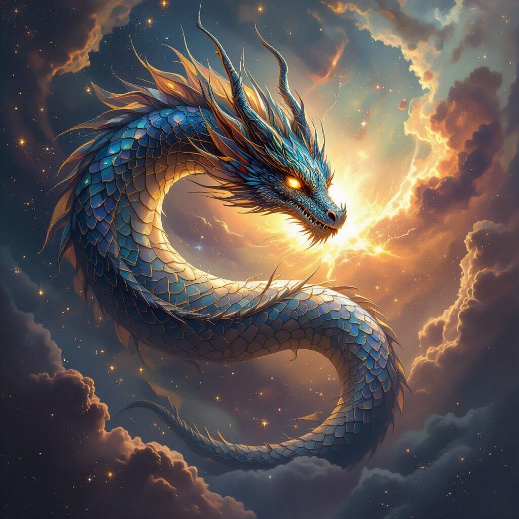 Celestial Dragon Wraps Dying Star in Dark Fantasy Style