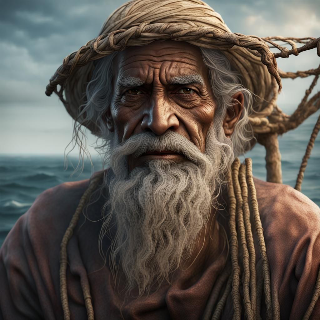 Weathered Indian Fisherman Portrait in Detailed Matte Painti...