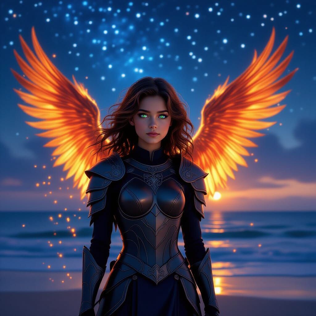 Teenage Girl with Phoenix Wings by Starlit Ocean