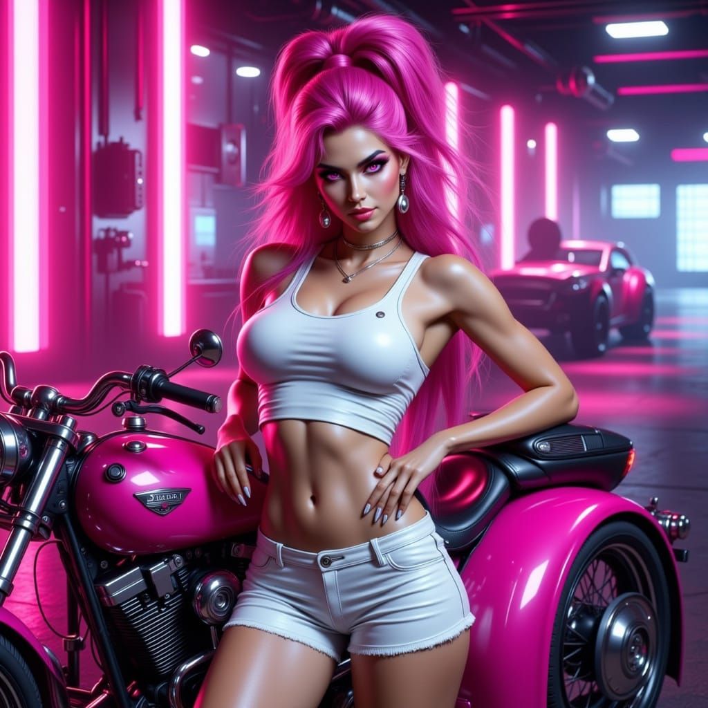 Cyberpunk Woman with Pink Motorcycle in Neon Garage