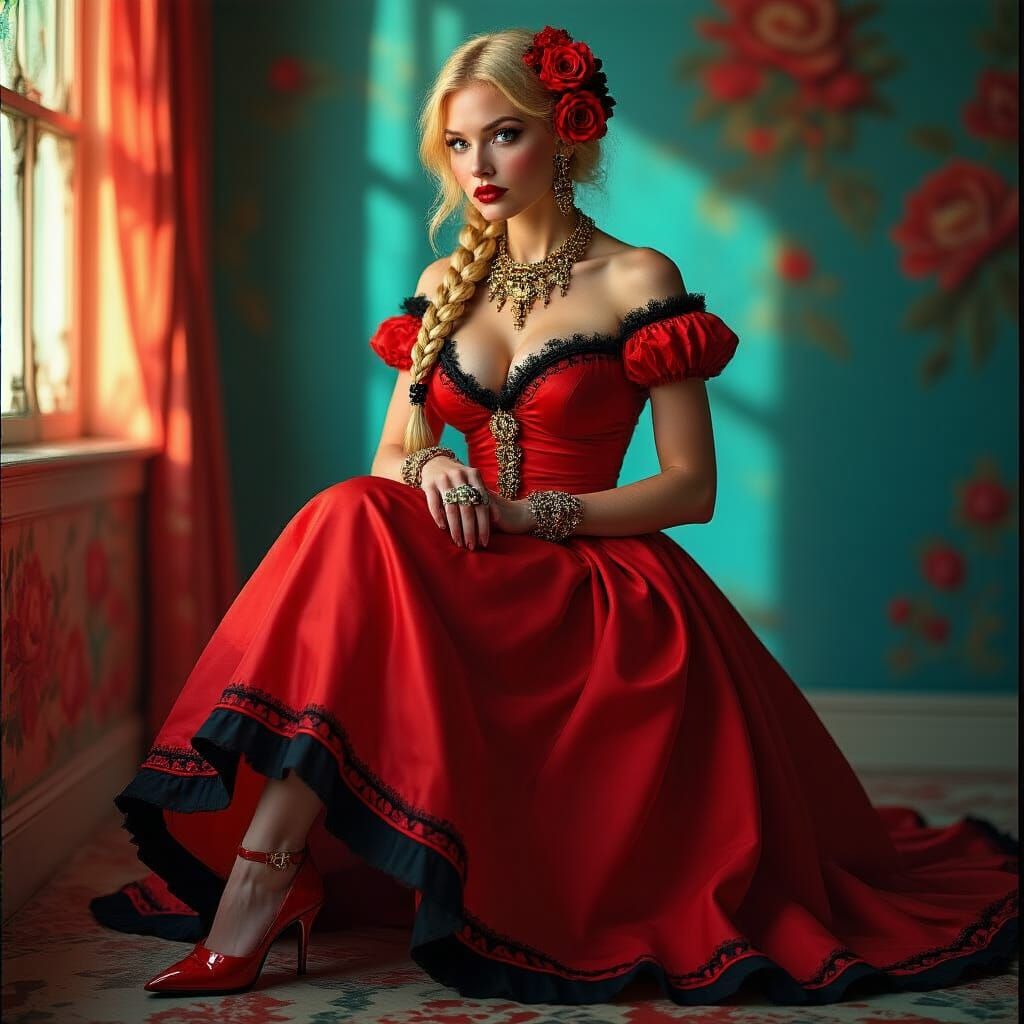Woman in Red Gown, Hyperrealistic Cinematic Portrait