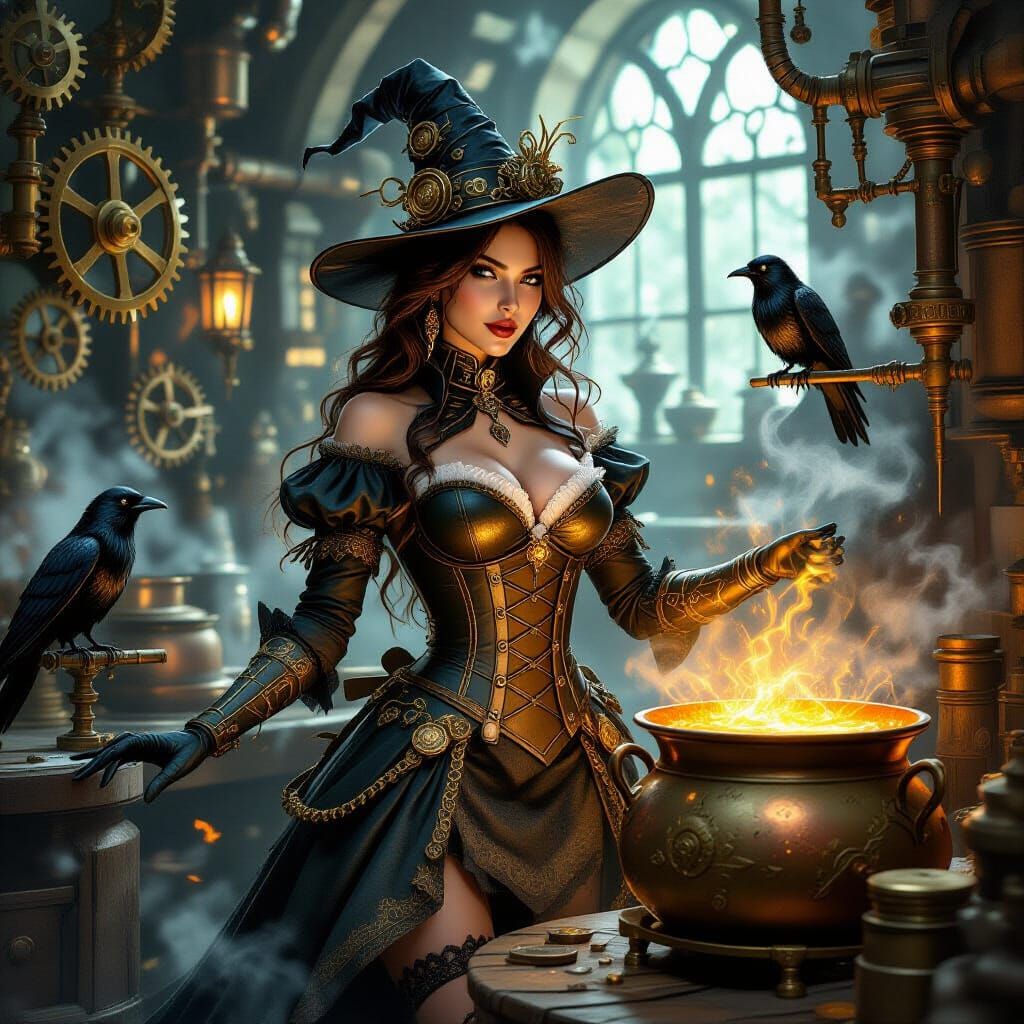 Steampunk Witch in Brass Alchemy Workshop