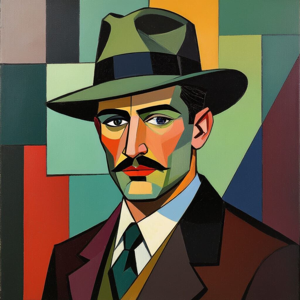 Man in Fedora: Cubic Painting Inspired by Goncharova