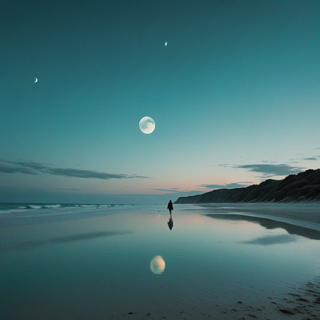 Surreal Beach with Two Moons