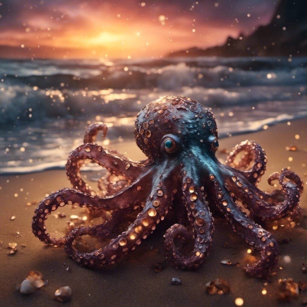 Bejeweled Octopus on a Sandy Beach at Night