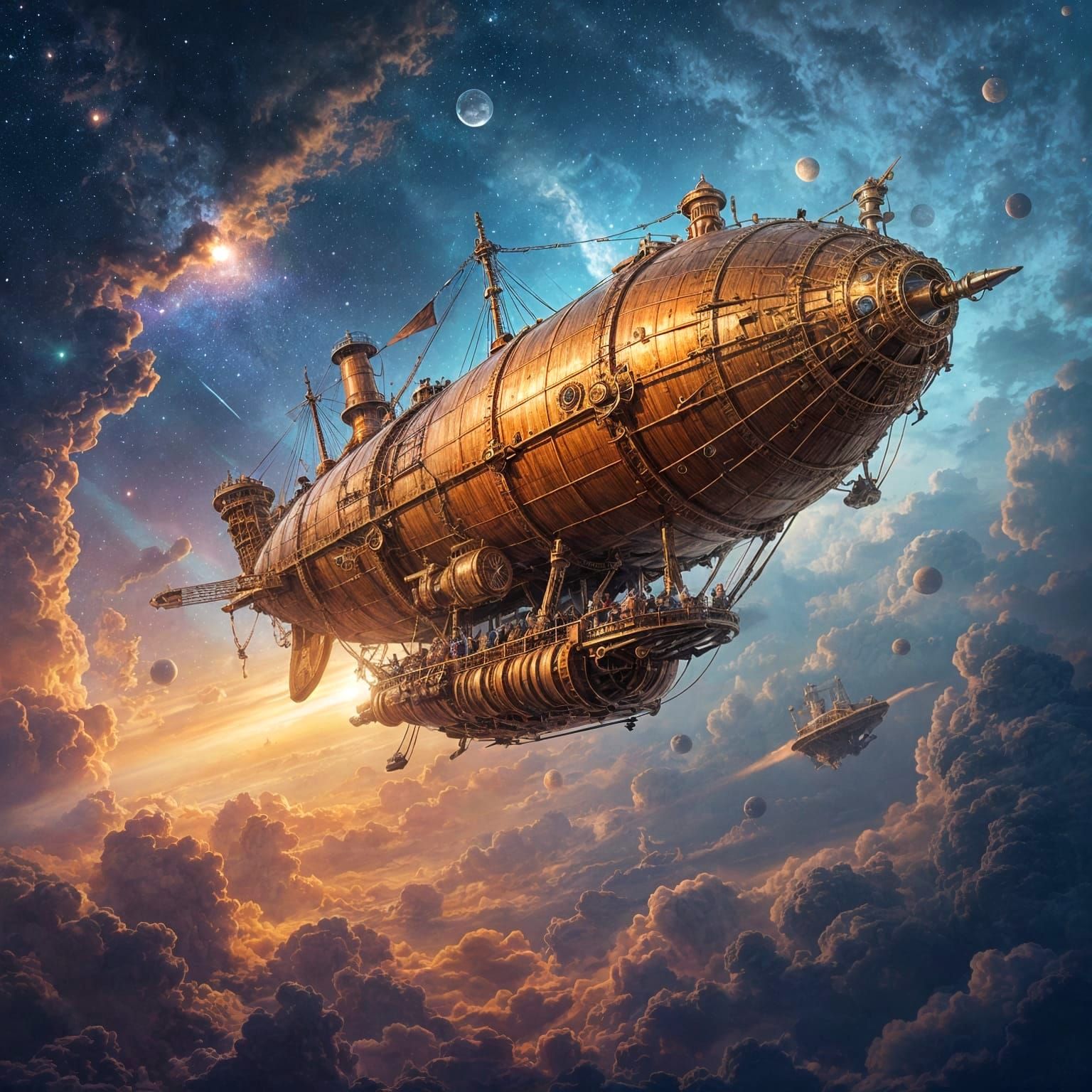 Steampunk Airship Navigates Cosmic Nebulae
