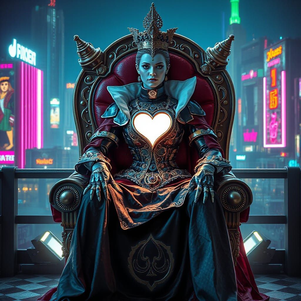 Android Queen of Hearts in Cyberpunk Cityscape