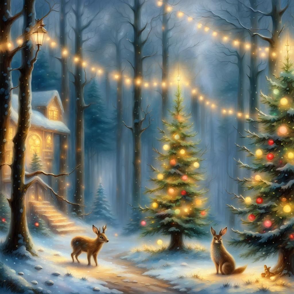 Forest Animals Decorating Christmas Trees: Ethereal Fantasy