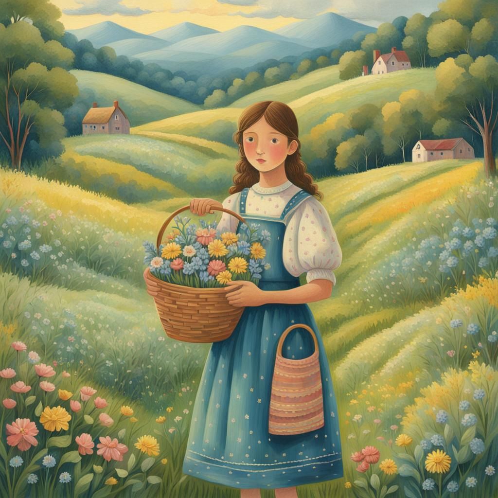 Naive Folk Art Girl in Lush Meadow