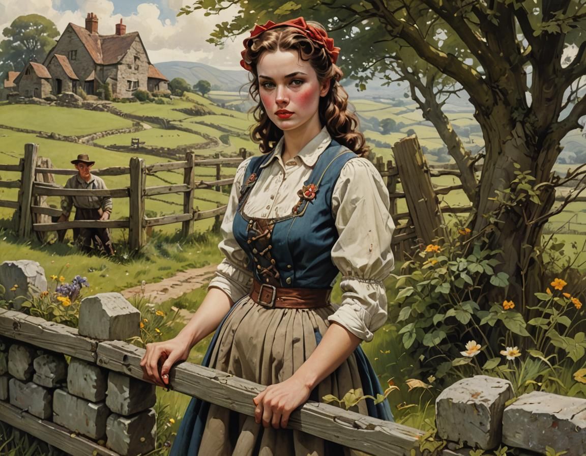 Vintage Farm Girl by Stone Fence