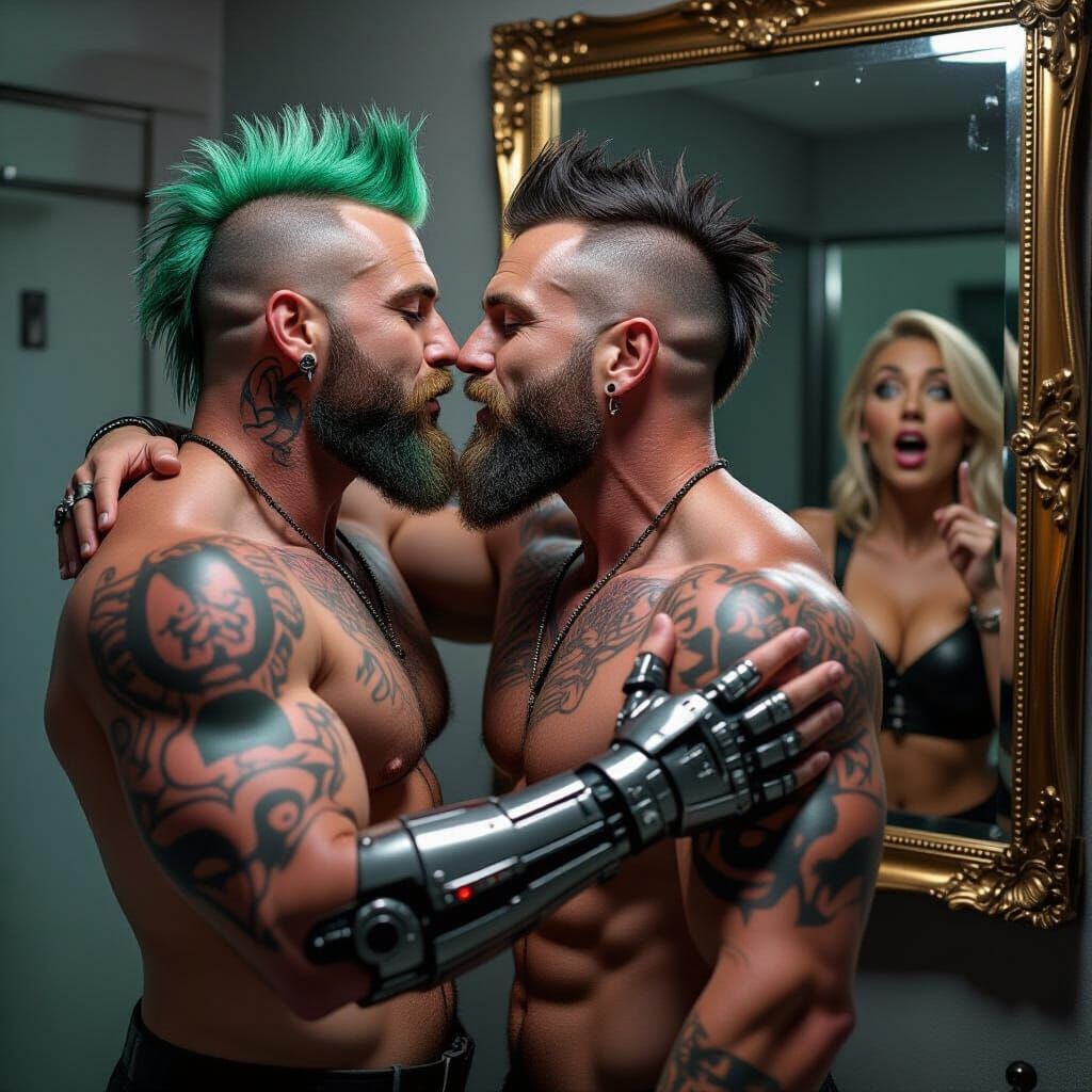 Gay Couple Kissing, Woman Shocked in Mirror