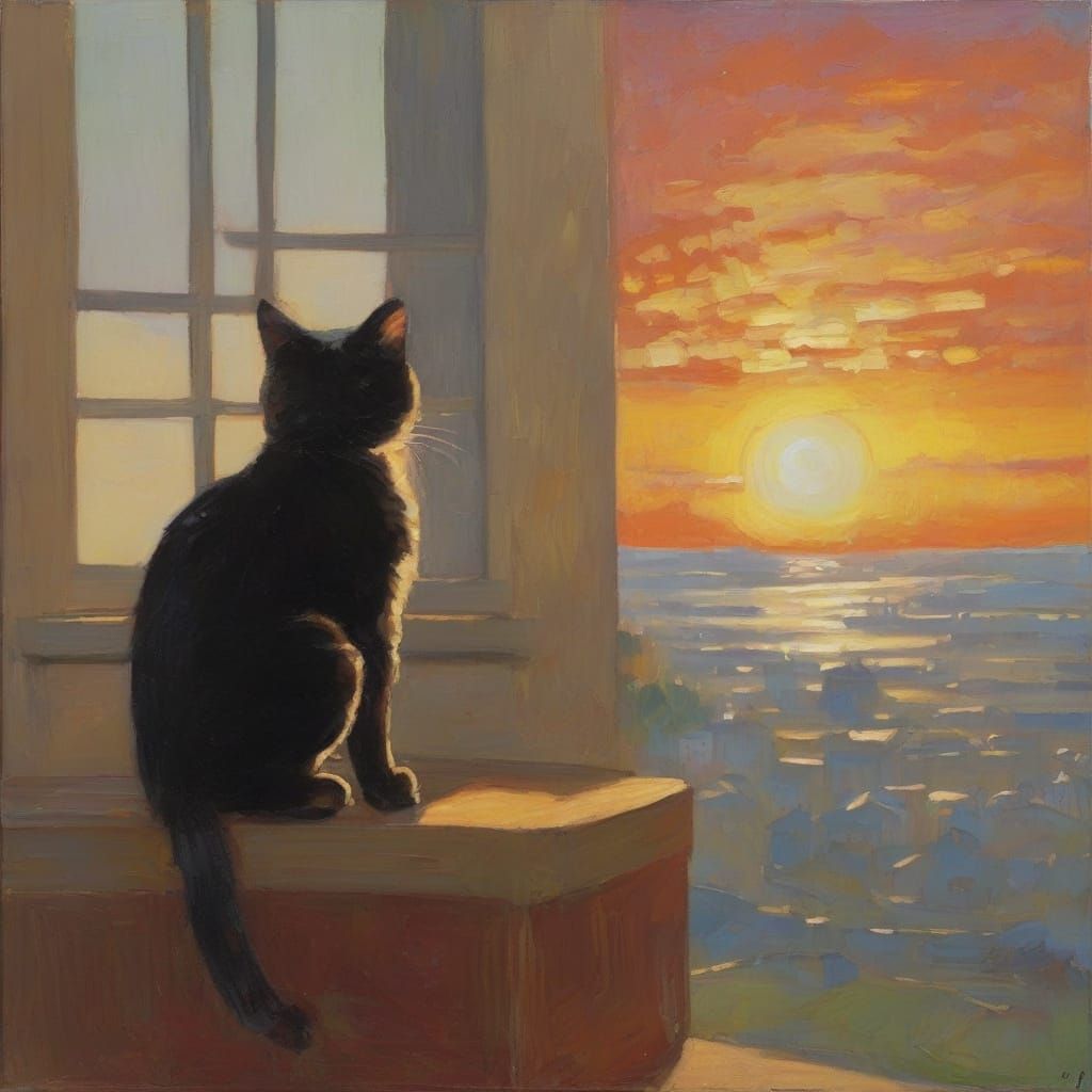 Cat Gazes at Sunrise in Japanese Woodblock Style