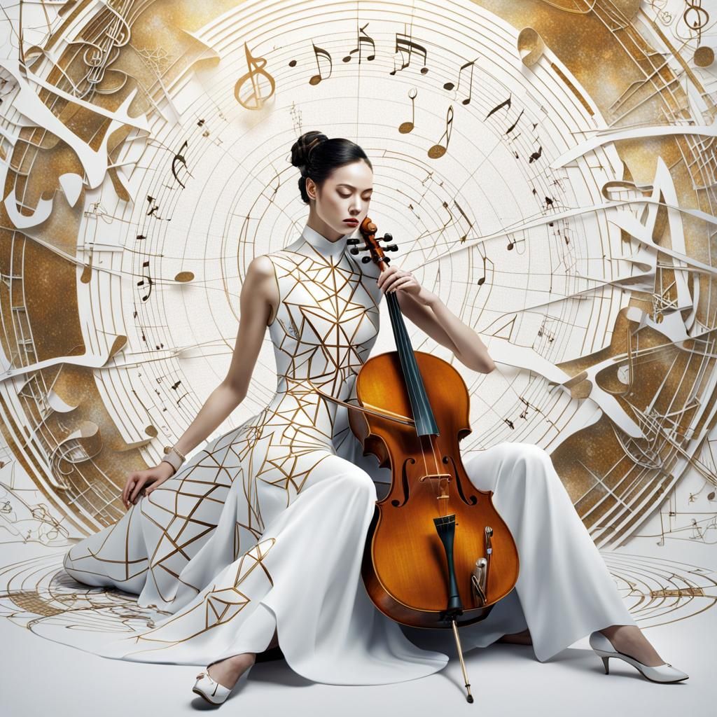 Cyborg Cellist in Surreal Retro-Futuristic Kintsugi Style