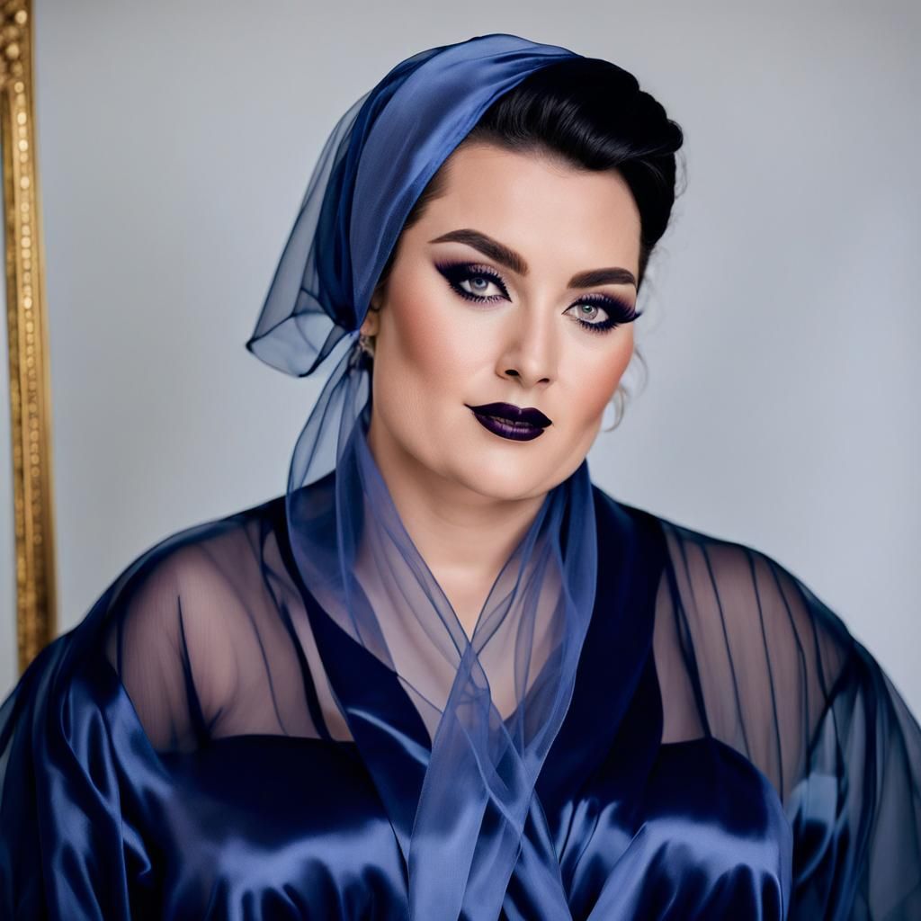 Woman in Navy Tulle Robe with Satin Shawl
