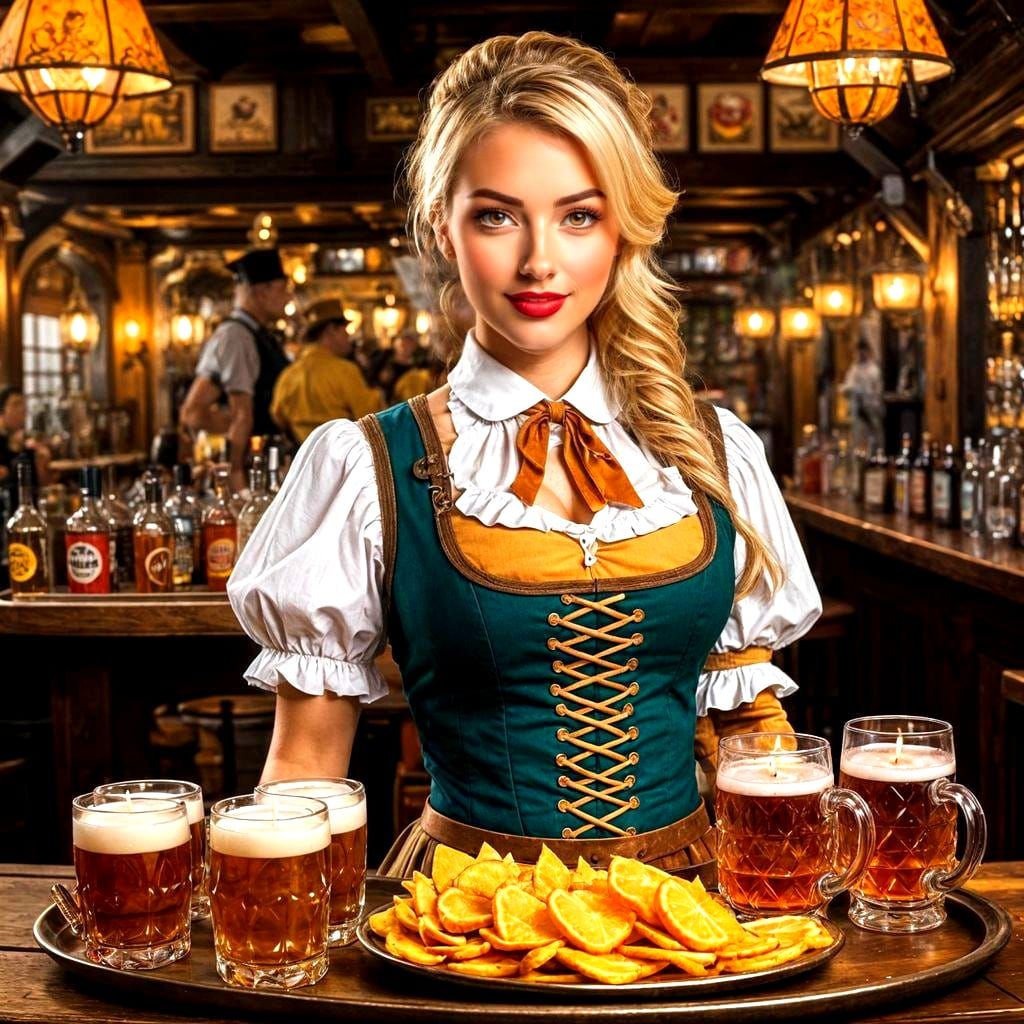 Festive Oktoberfest Waitress Serving Drinks in Tavern