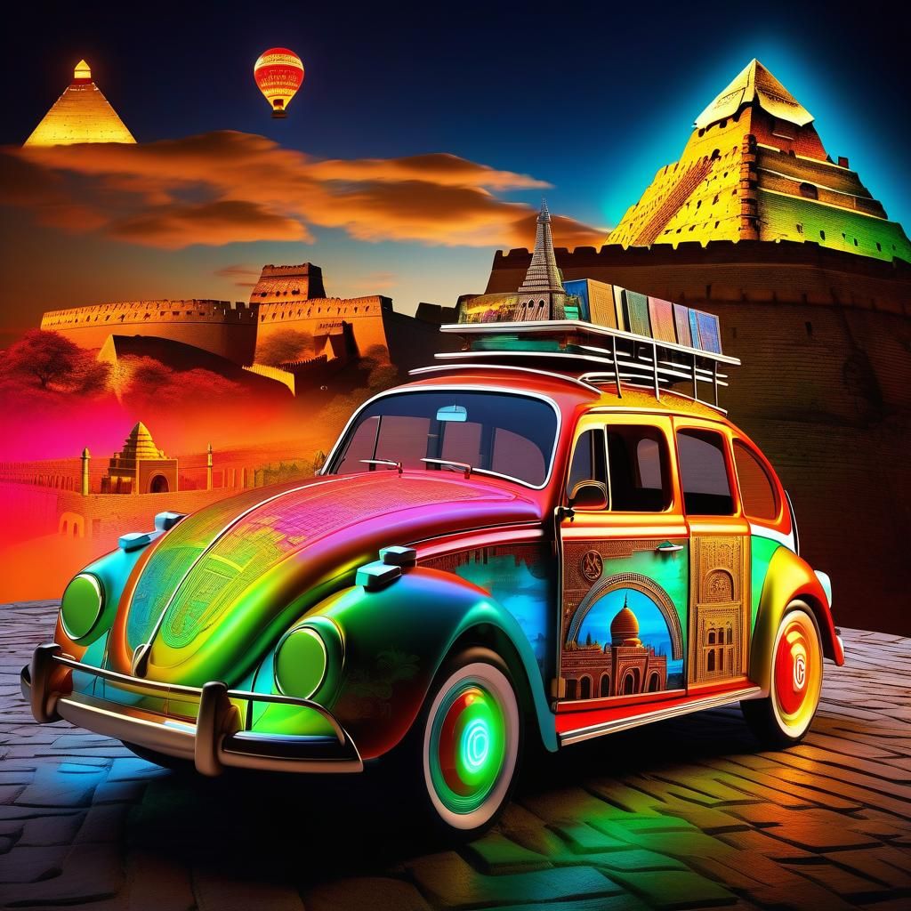Surreal Travel Through History in a Neon Beetle