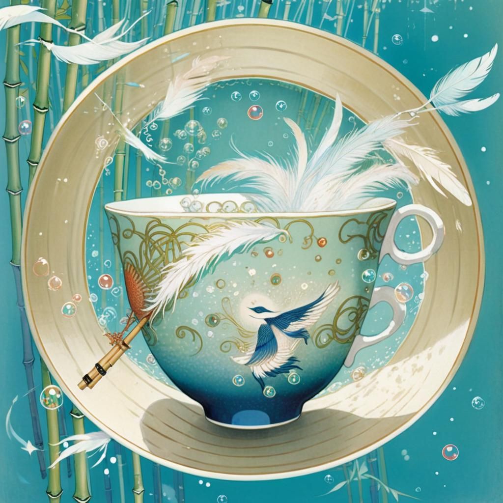 Surreal Teacup Scene with Feathers and Bamboo