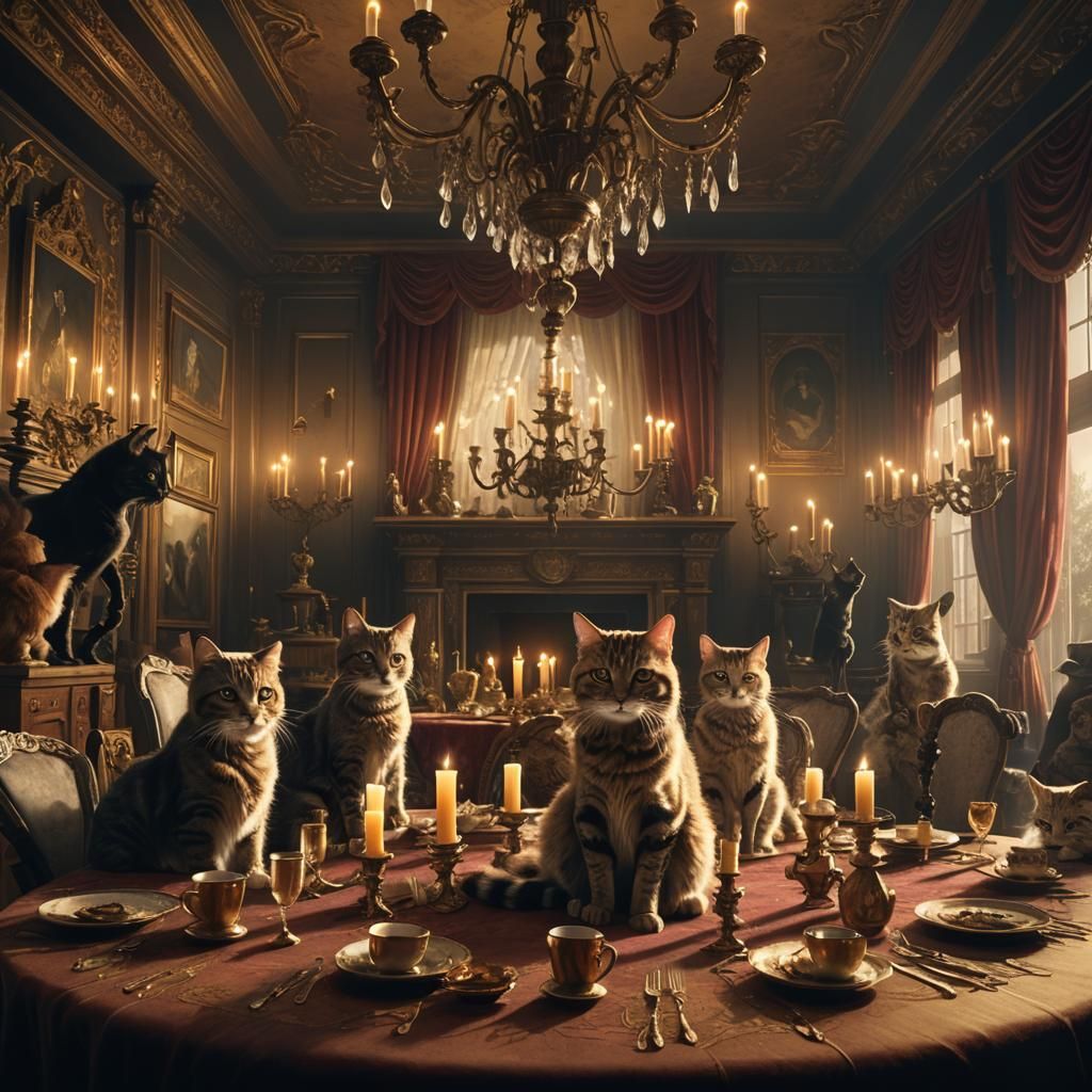 Cats in Opulent Setting, Cinematic Digital Painting
