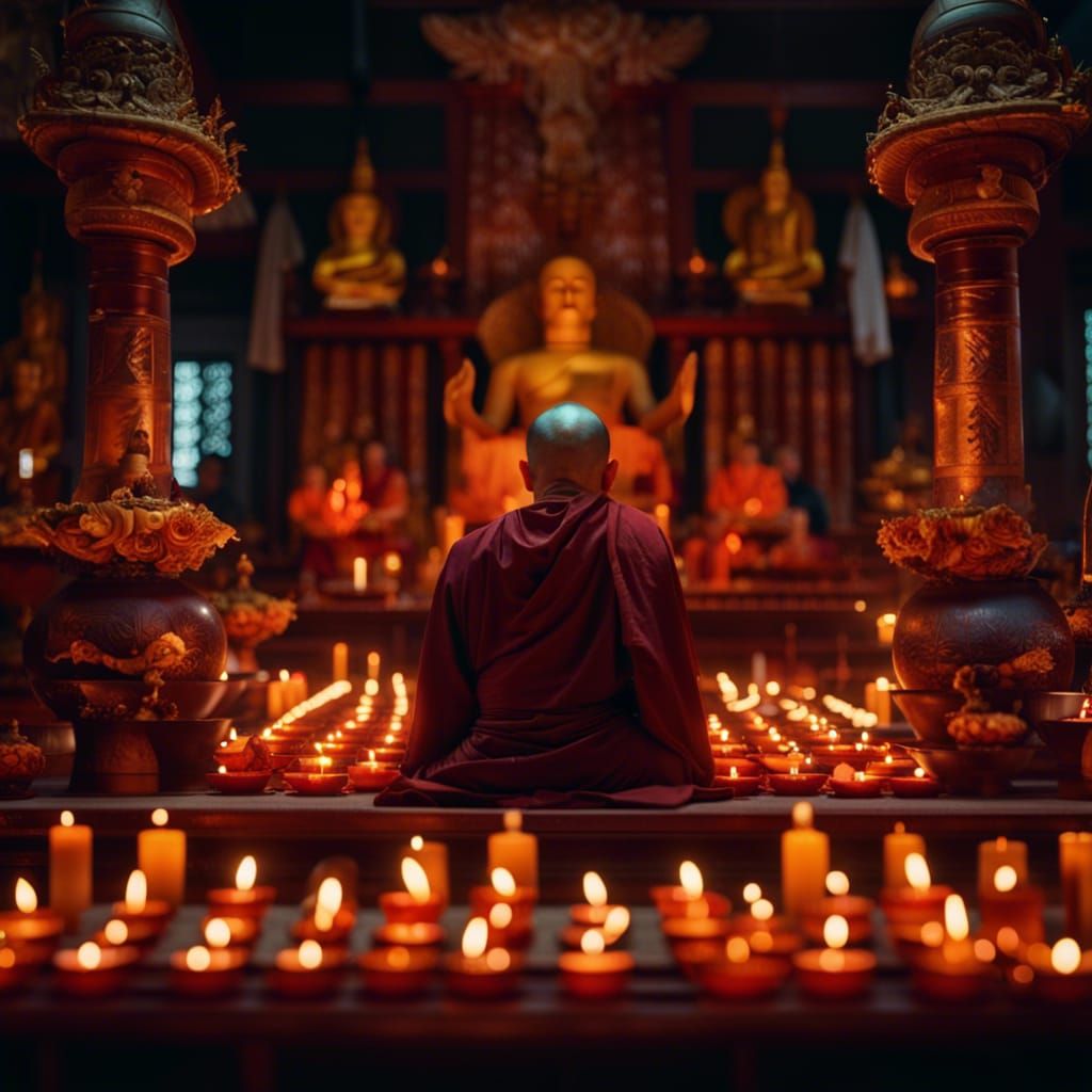 Buddhist Monk Praying at Temple Shrine