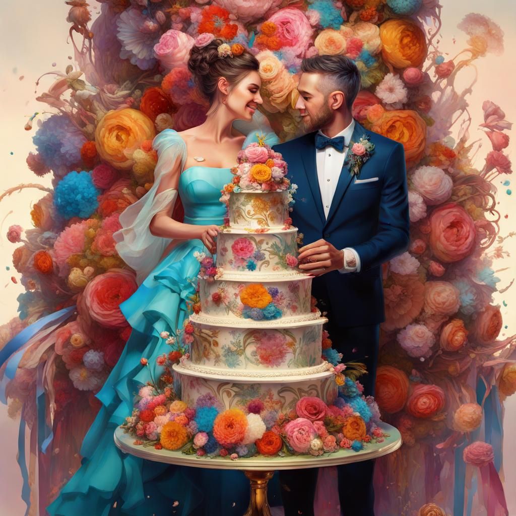 Elaborate Wedding Cake in Maximalist Oil Painting