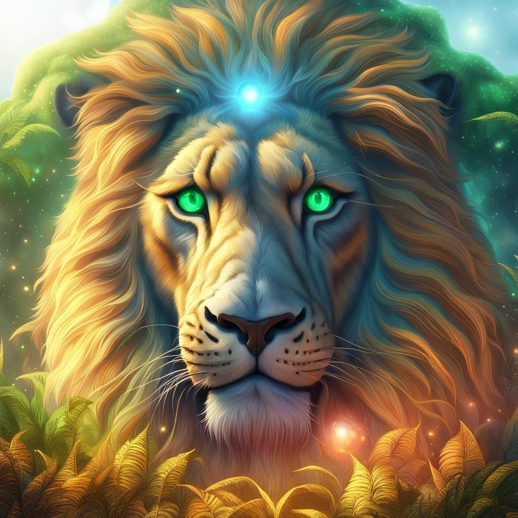 Regal Lion Amidst Mystical Landscape in Vibrant, Detailed St...