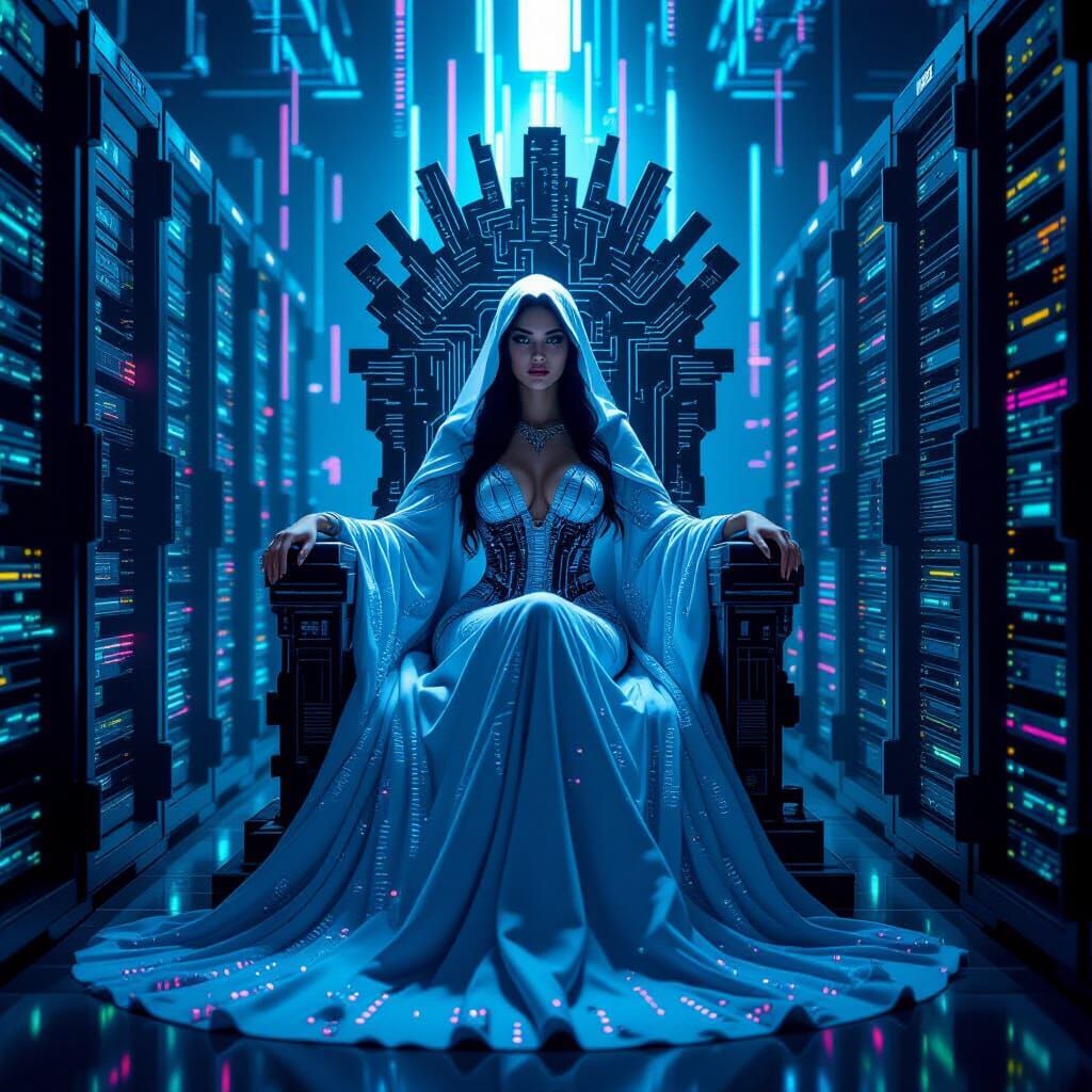 Digital Goddess in Neon Server Room, Futuristic Art