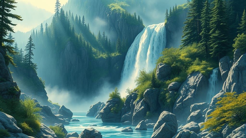 Mountain River Cascades into Mystical Waterfall