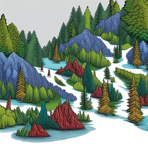 Vibrant Vector Illustration of Hikers in Mountain Forest