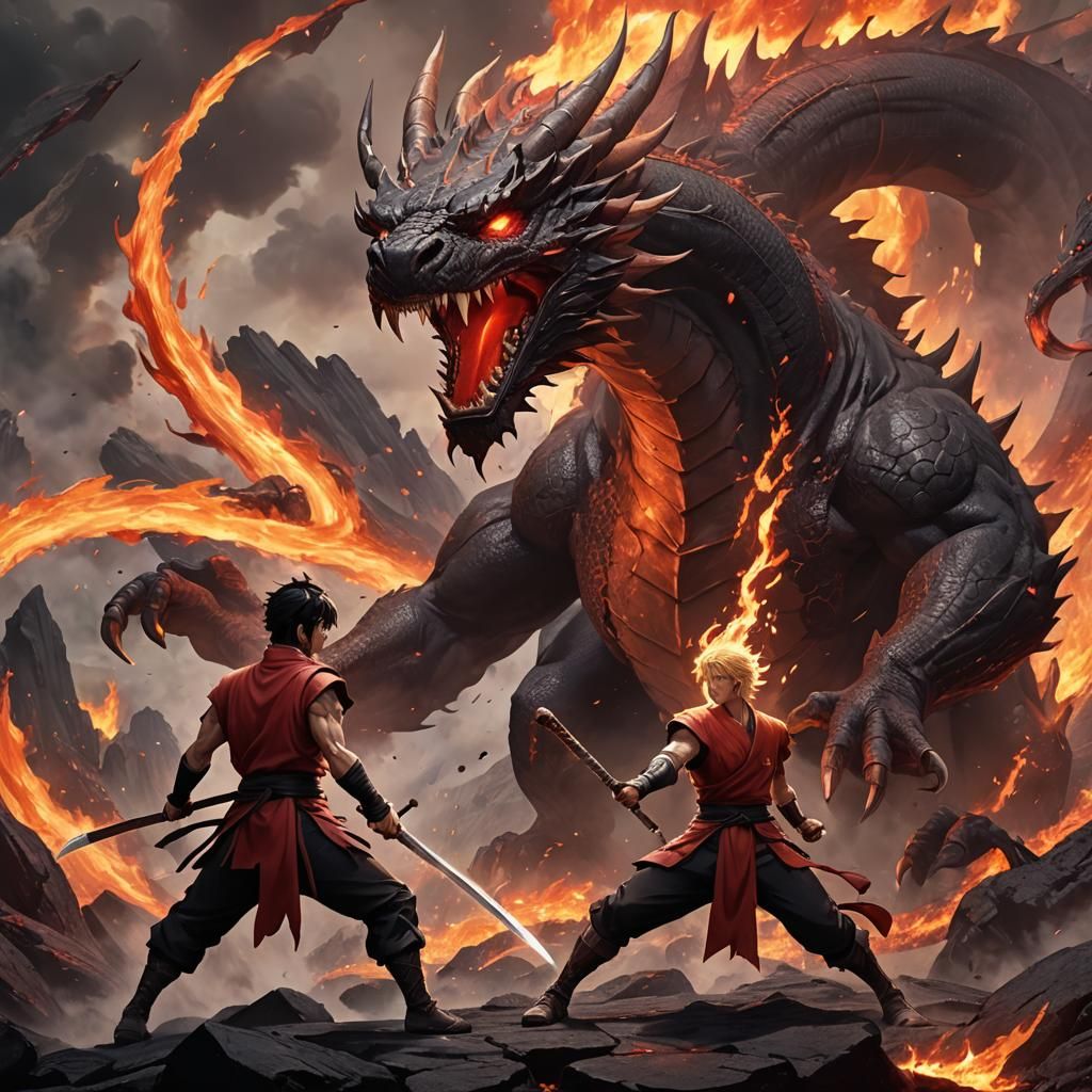 Anime Boy Ryu Confronts Dragon in Crimson Flames
