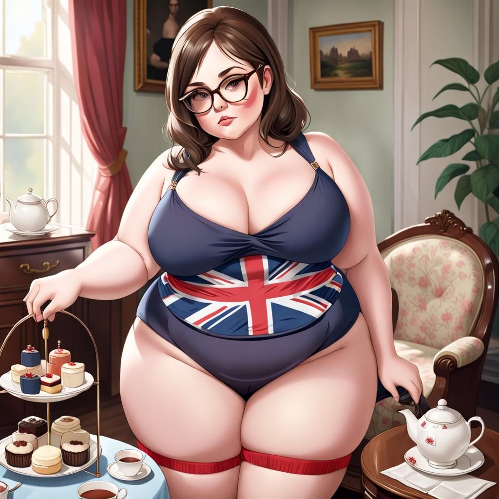 Curvy Brunette Enjoying Afternoon Tea with English Flag