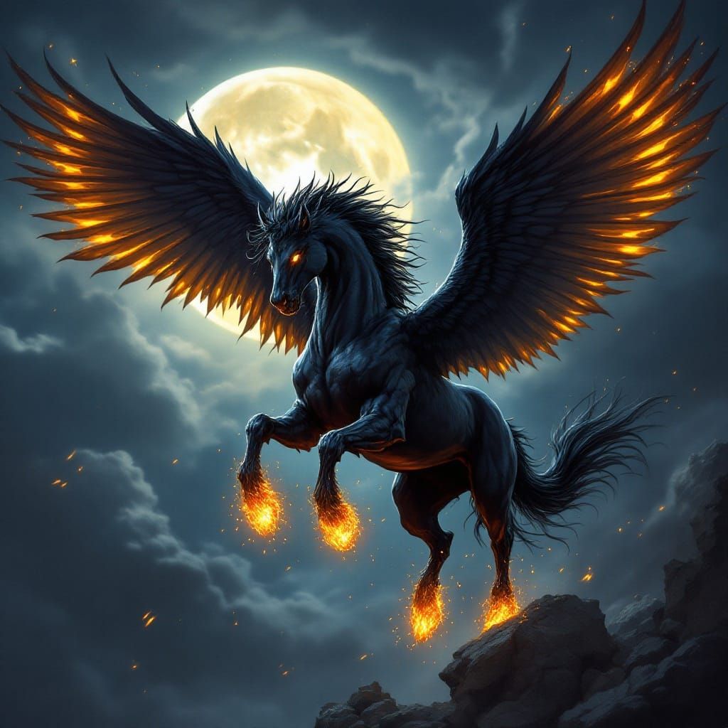 Majestic Black Pegasus Soars Under Moonlit Skies in Fiery St...