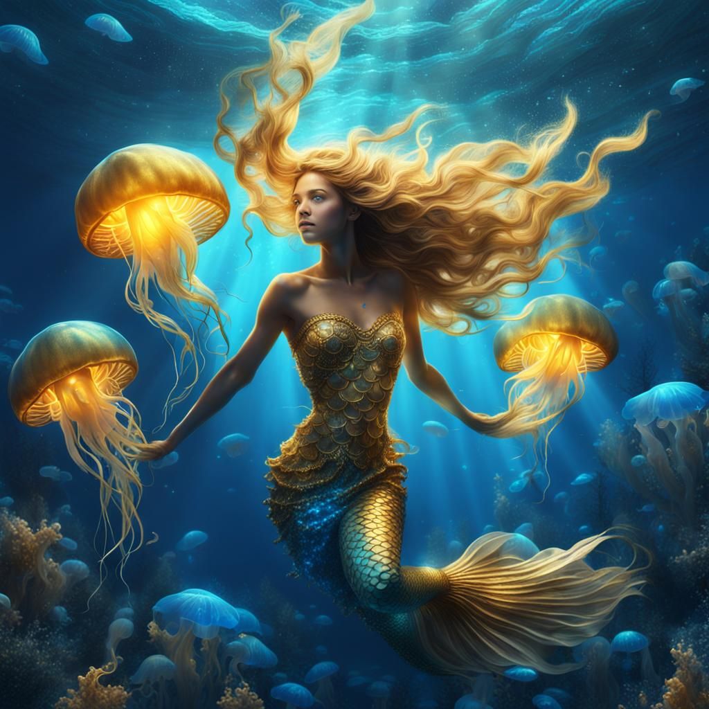 Golden Mermaid in Ocean with Jellyfish