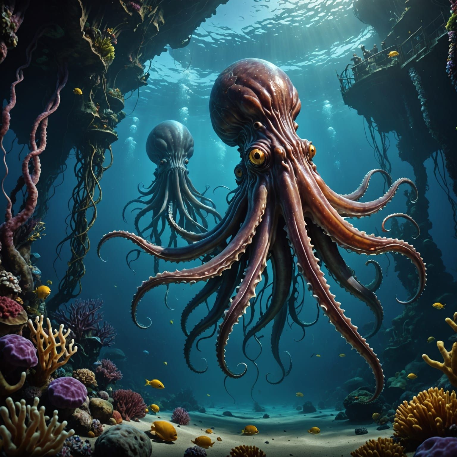 Giant Squid in Deep Ocean Fantasy
