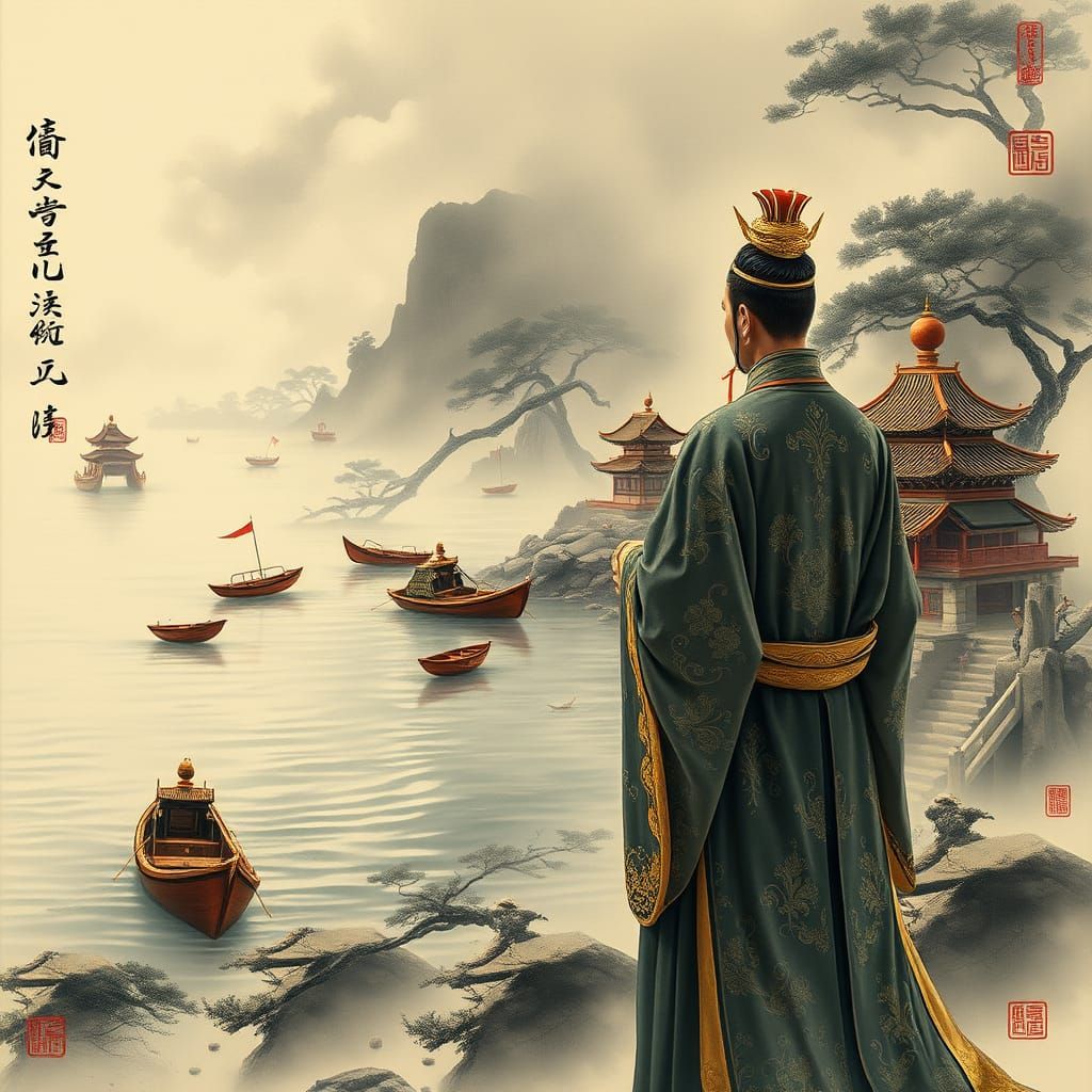 Chinese Emperor Confronts Desolate River Landscape