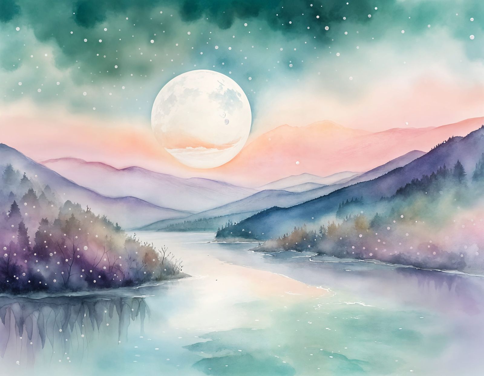 Moon in Water Droplet over Misty Mountains