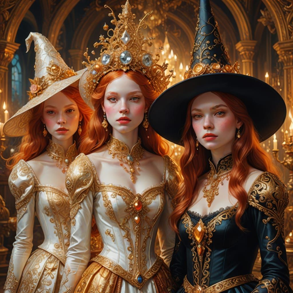 Mystical Baroque Witch Coven in Vibrant Oil Painting