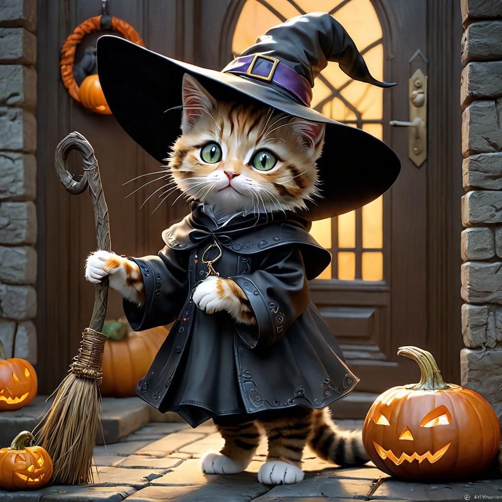 Kitten Witch at Front Door in Fantasycore Style