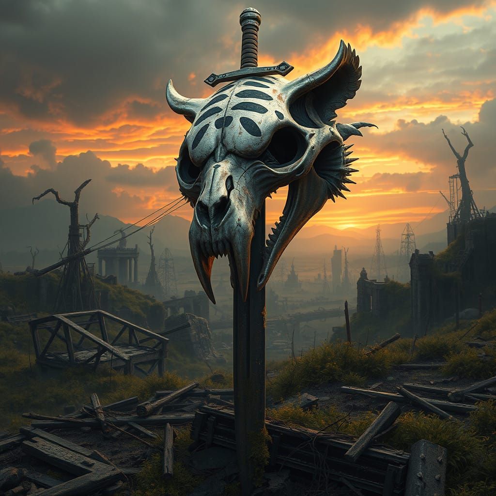 Apocalyptic Tiger Skull Guardian in Muted Fantasy Landscape