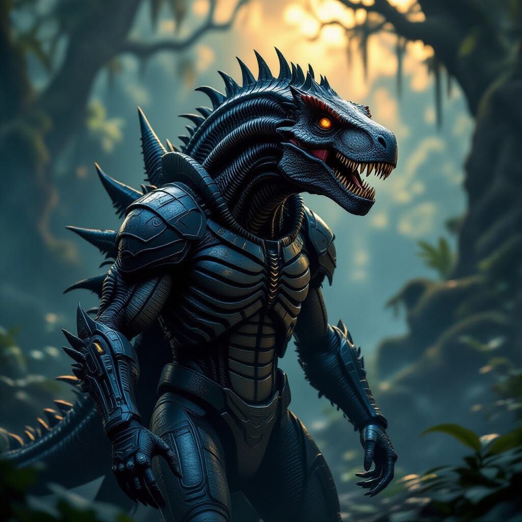 Terrifying Xenomorph-Tyrannosaurus Hybrid in Dark Fantasy