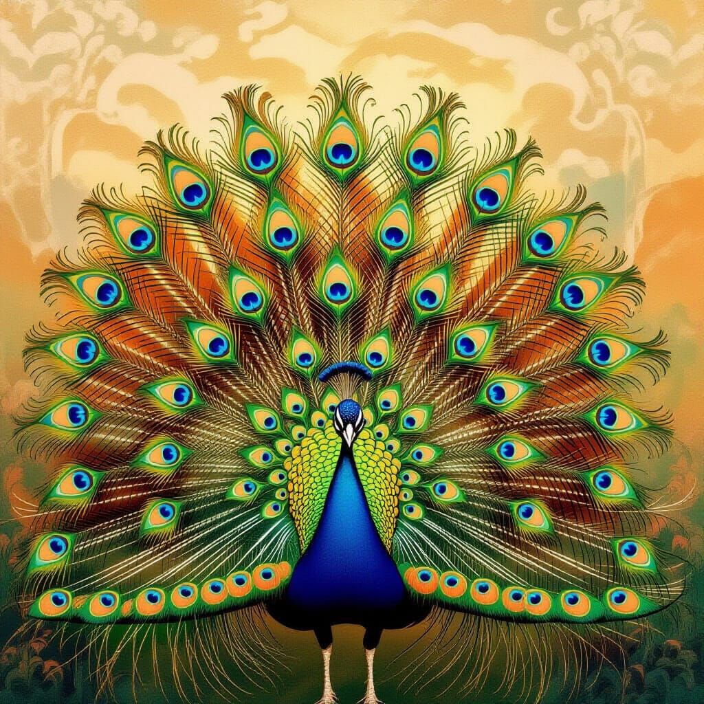 Iridescent Peacock Feathers in Art Nouveau Style