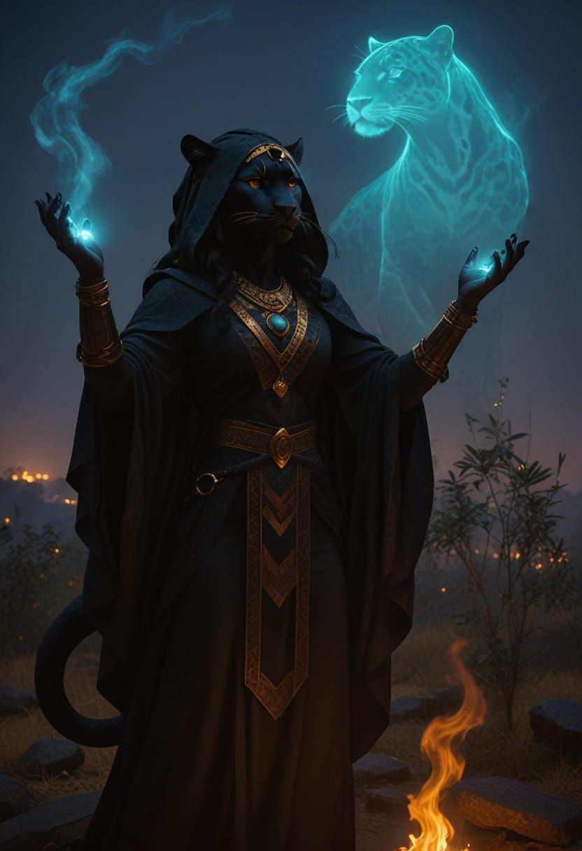 Ethereal Jaguar Shaman Seeks Ancestor's Wisdom in Golden Hou...