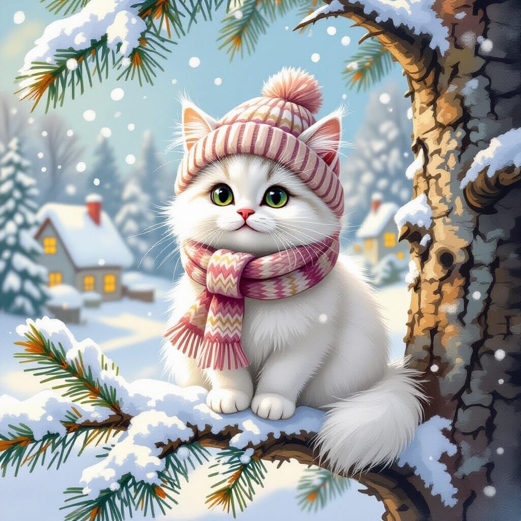 Fluffy White Cat in Winter Wonderland Illustration