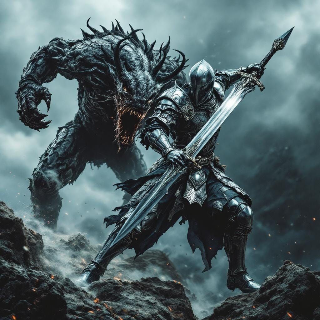 Knight Battles Monster in Dark Fantasy Landscape