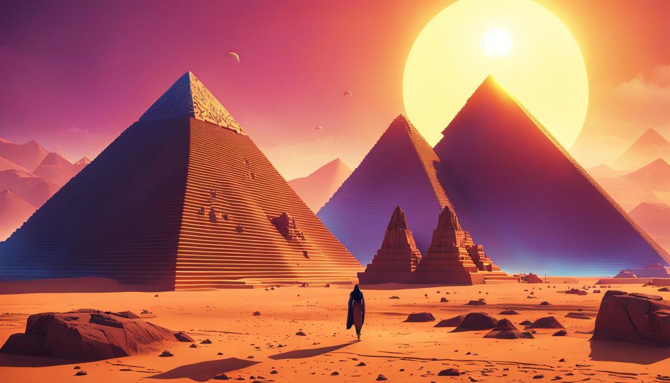 Cyberpunk Pyramid and Sun in Futuristic Egypt